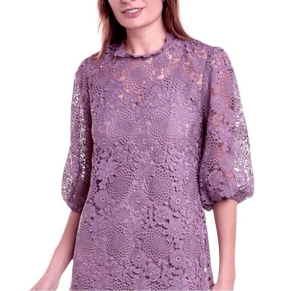 Johnny Was Lorrie Purple Crochet Lace Mini Dress Puff Sleeves Size Medium - Picture 5 of 14